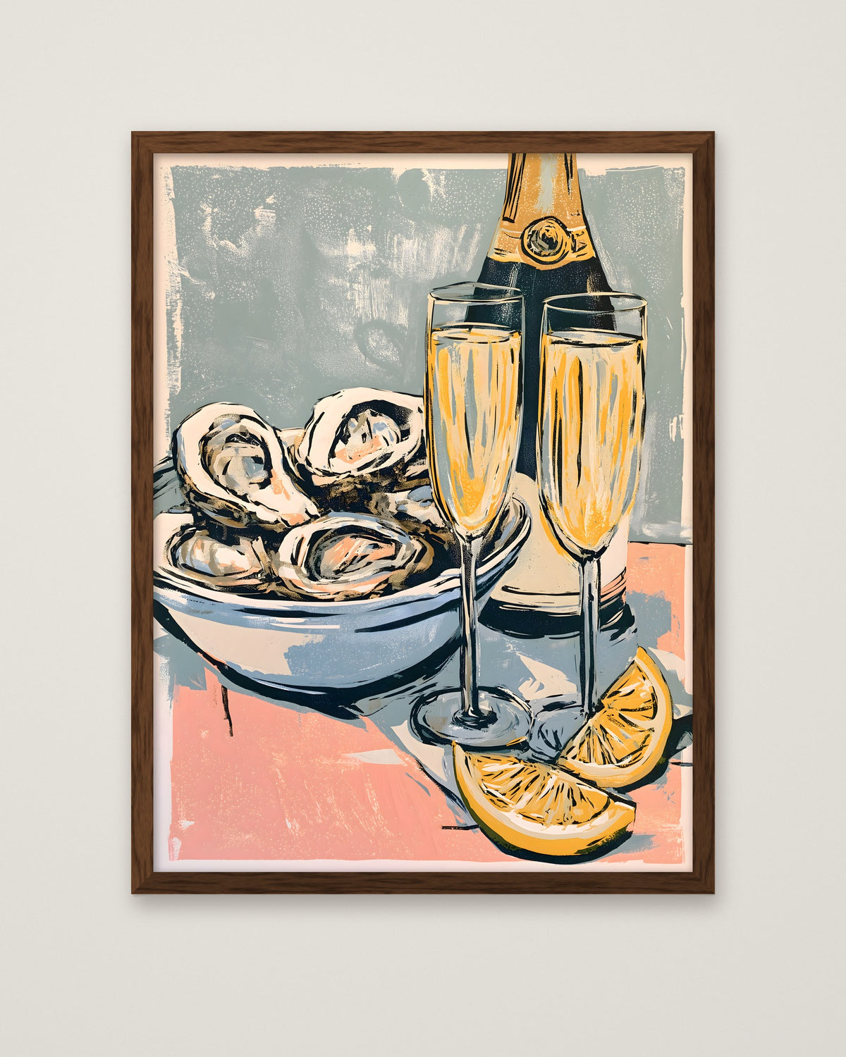 Oysters Champagne Still Life Art in a dark wood frame