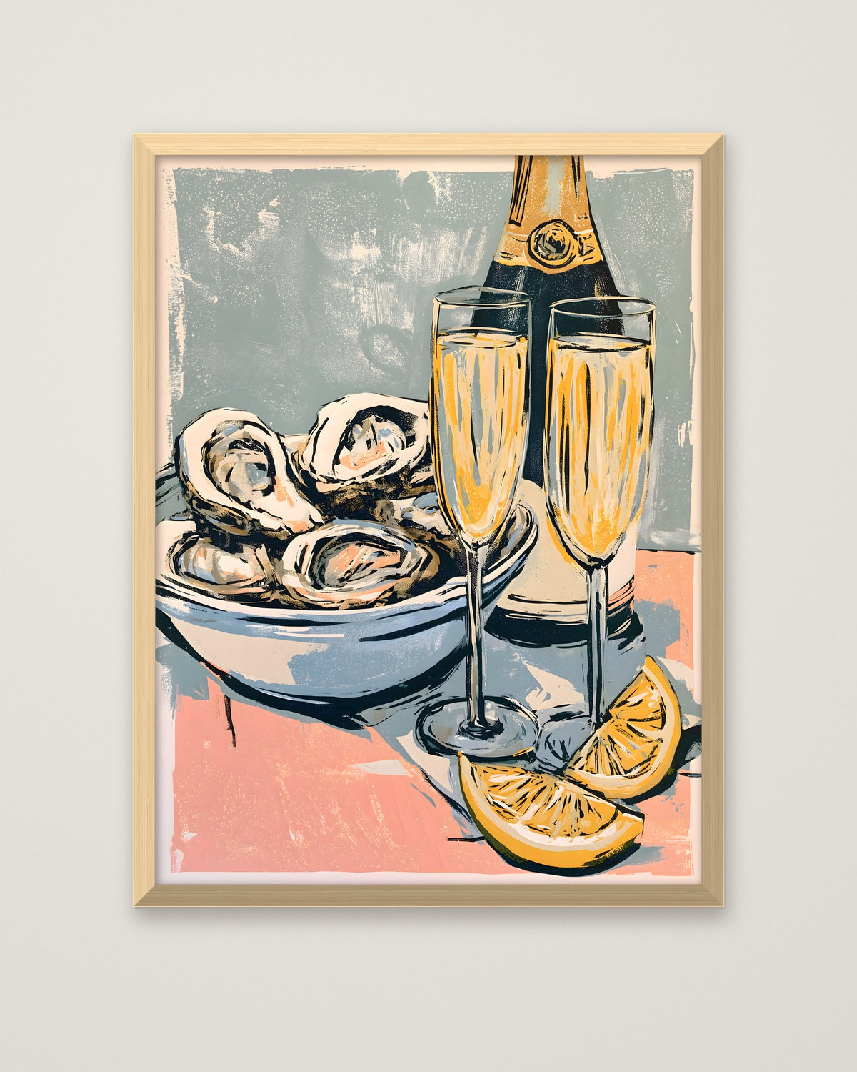 Oysters Champagne Still Life Art in a natural wood frame