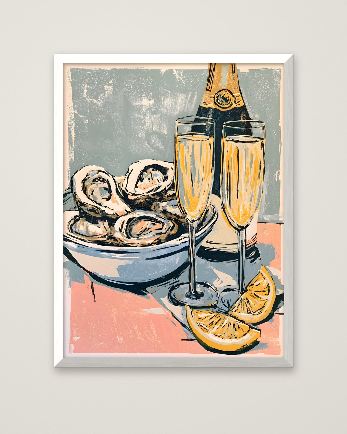 Oysters Champagne Still Life Art in a white frame