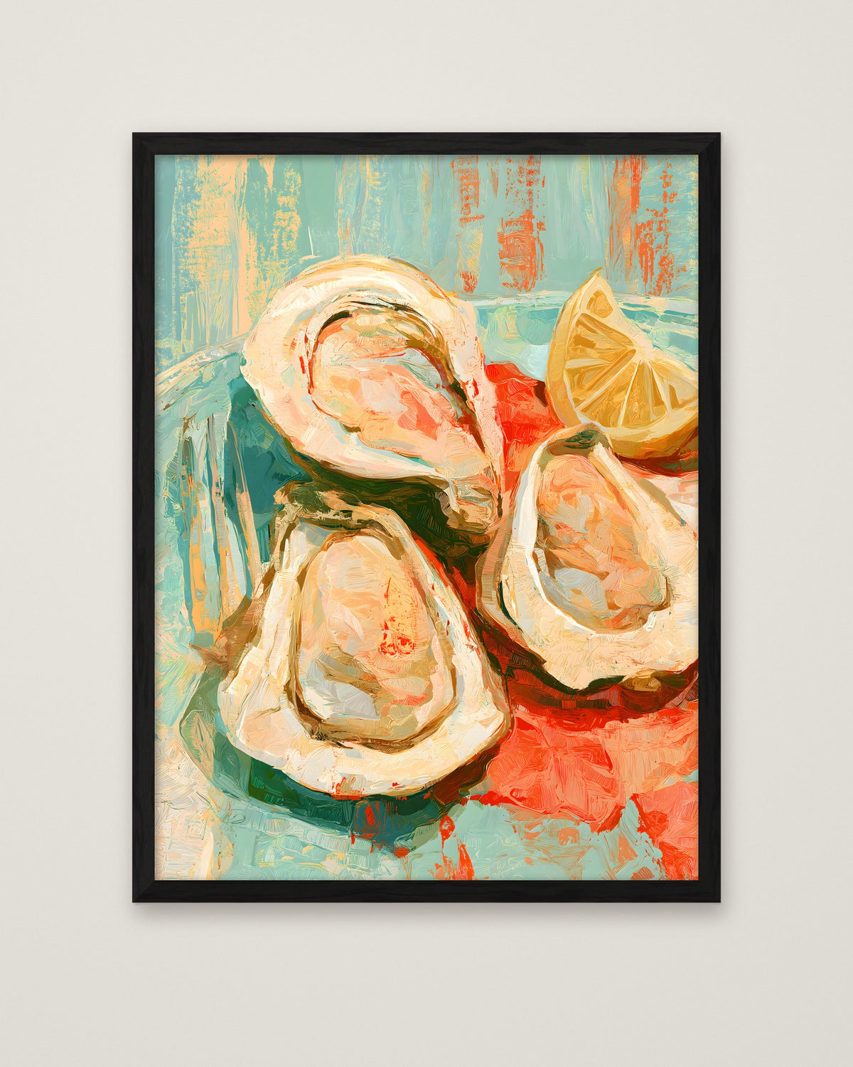 Oysters Lemon Still Life Art in a black frame