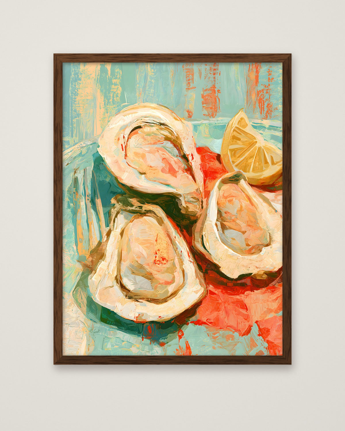Oysters Lemon Still Life Art in a dark wood frame