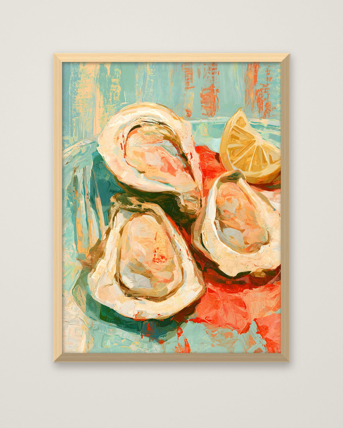 Oysters Lemon Still Life Art in a natural wood frame