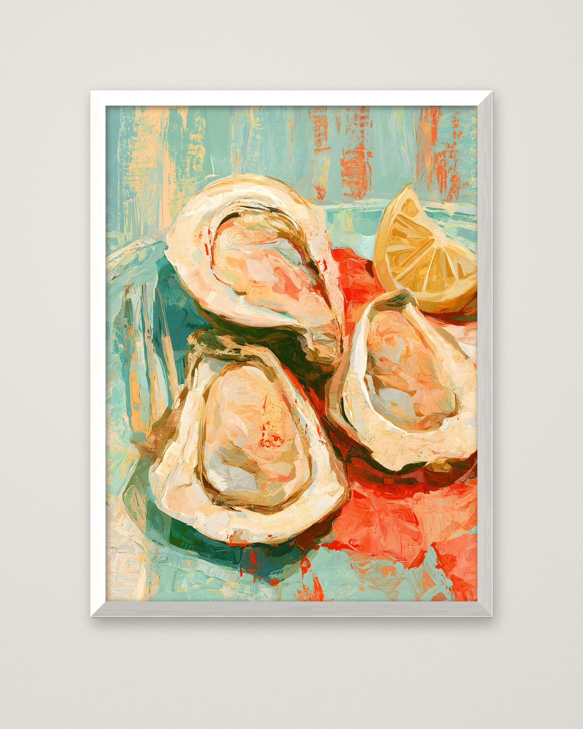 Oysters Lemon Still Life Art in a white frame