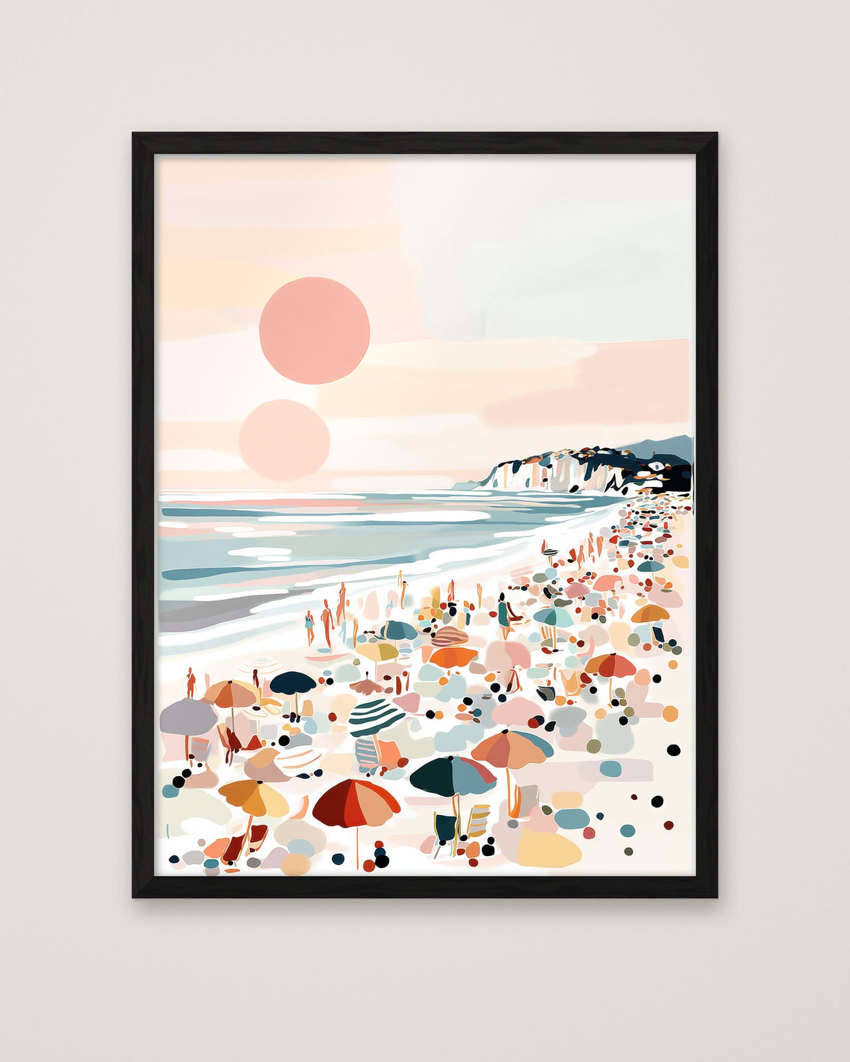 Pastel Beach Crowd Art in a black frame