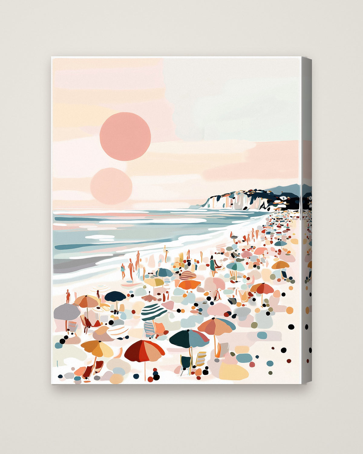 Pastel Beach Crowd Art as a stretched canvas