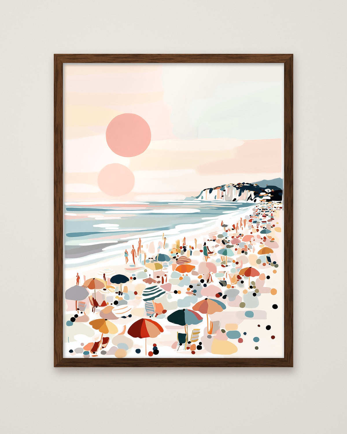 Pastel Beach Crowd Art in a dark wood frame