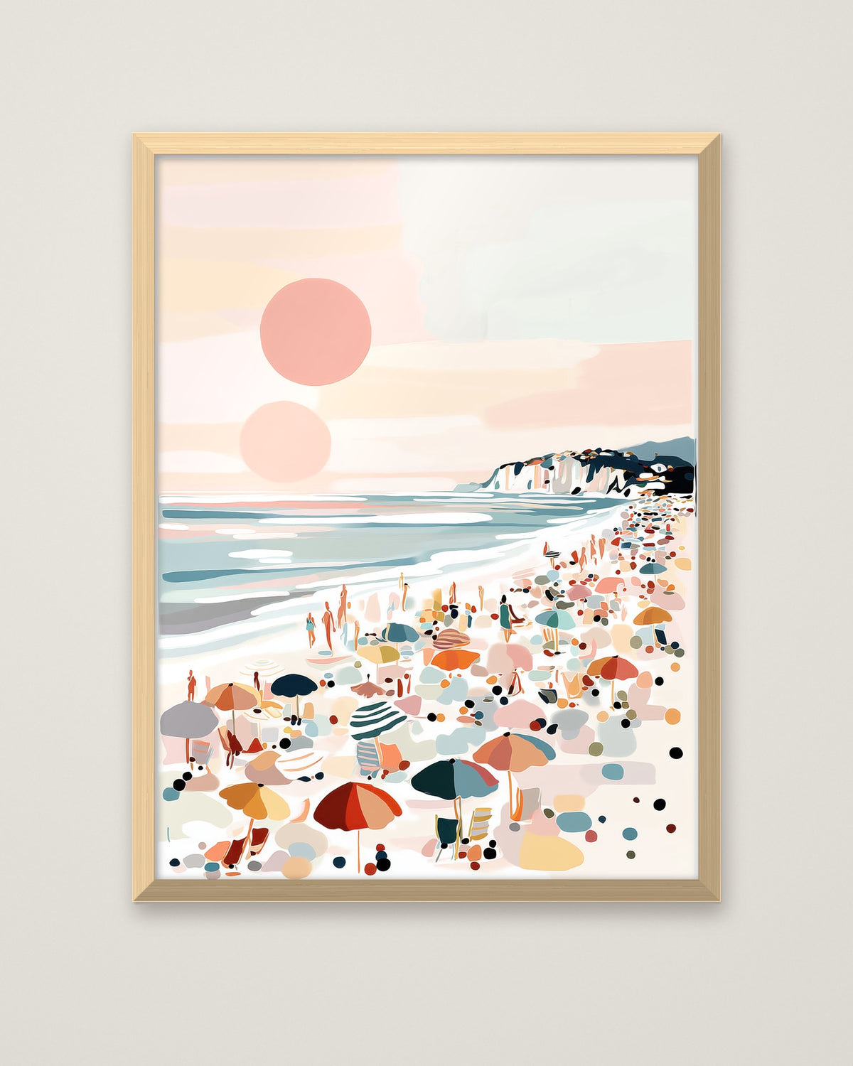 Pastel Beach Crowd Art in a natural wood frame