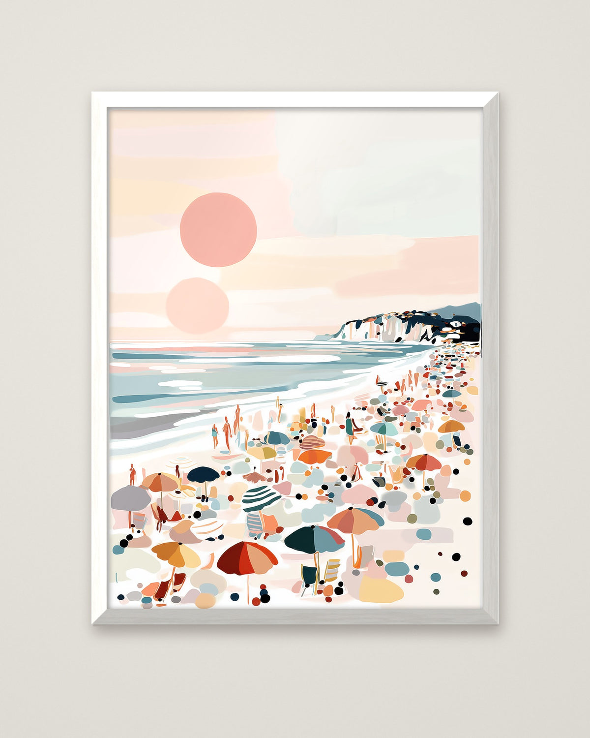 Pastel Beach Crowd Art in a white frame
