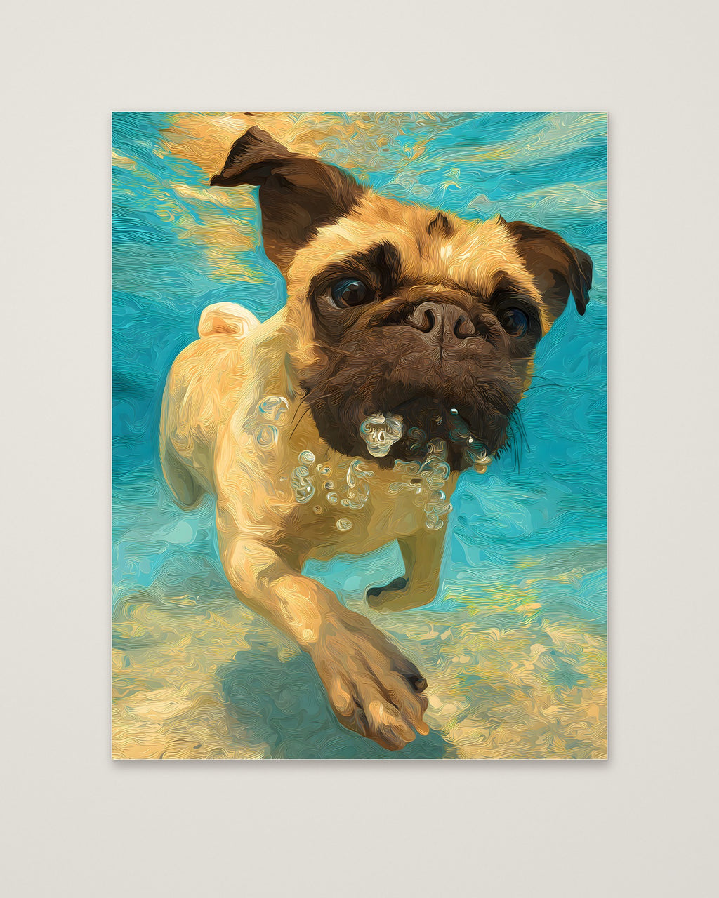 Pug Dog Underwater Art as an unframed matte paper print