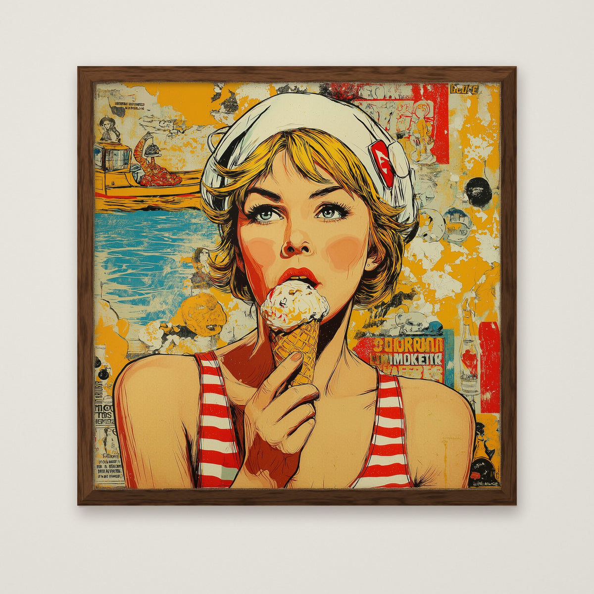 Retro Ice Cream Pop Art in a dark wood frame