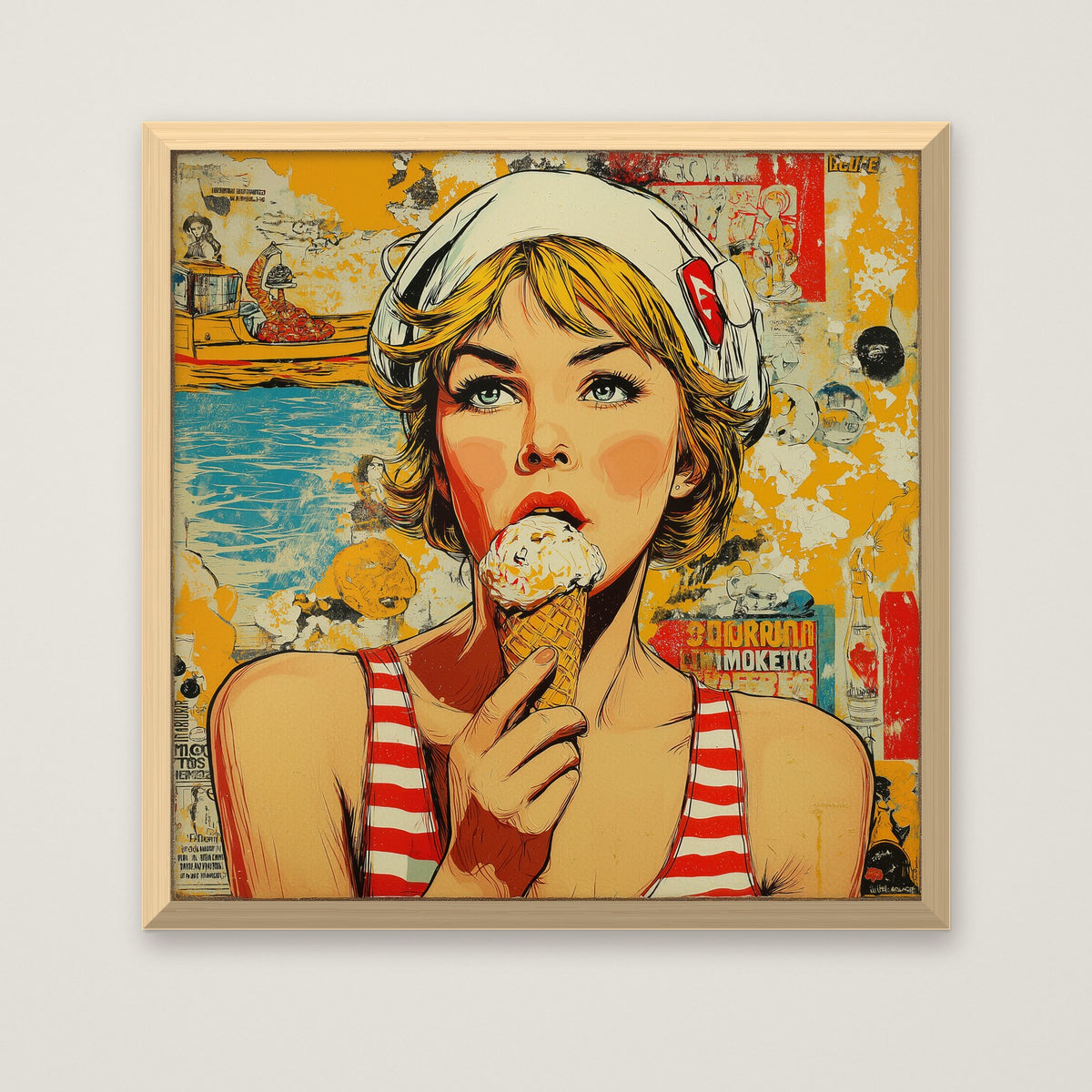 Retro Ice Cream Pop Art in a natural wood frame