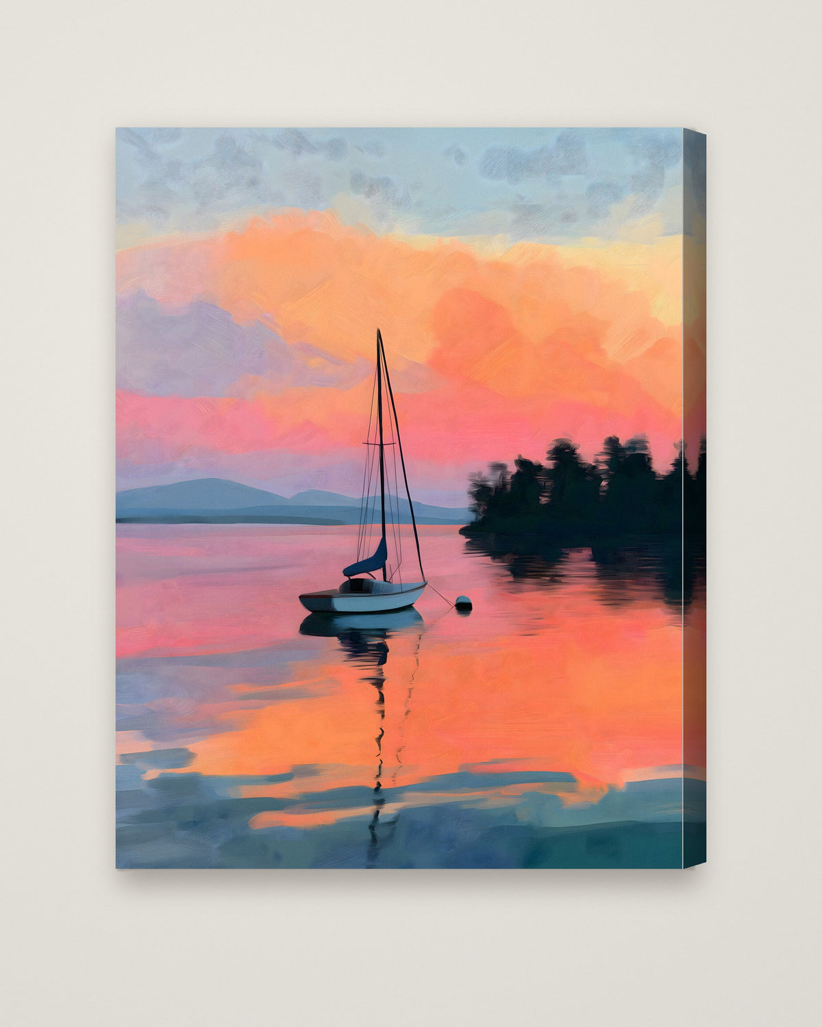 Sailboat Sunset Lake Art as a stretched canvas