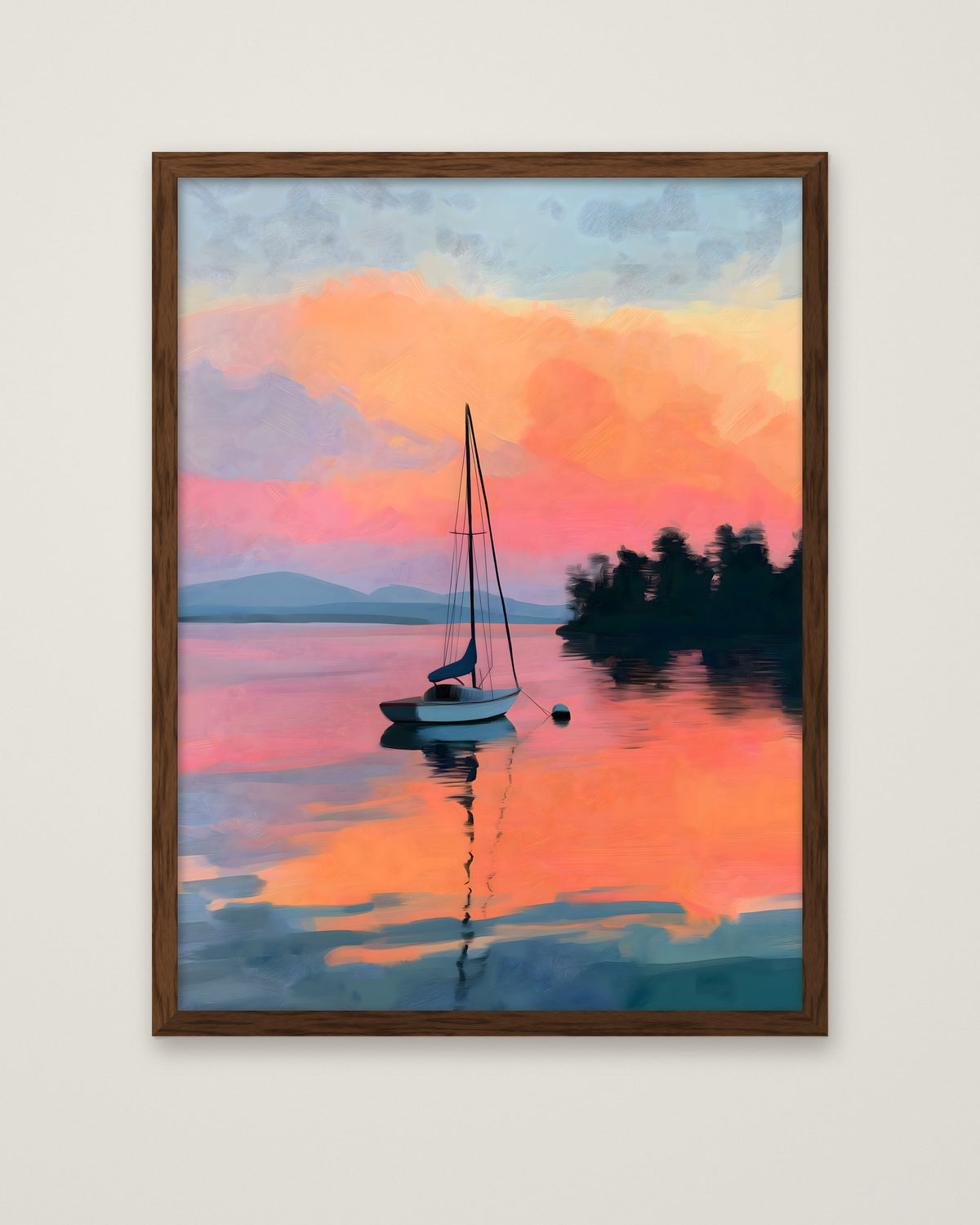 Sailboat Sunset Lake Art in a dark wood frame