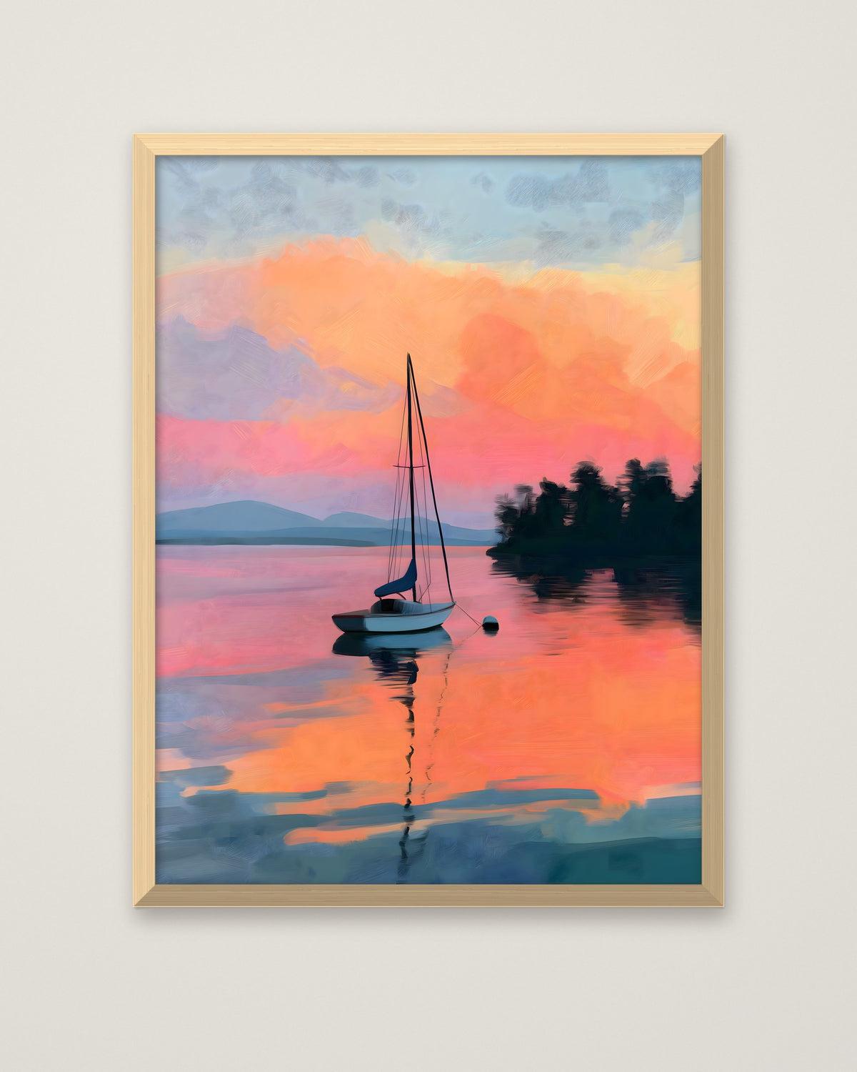 Sailboat Sunset Lake Art in a natural wood frame
