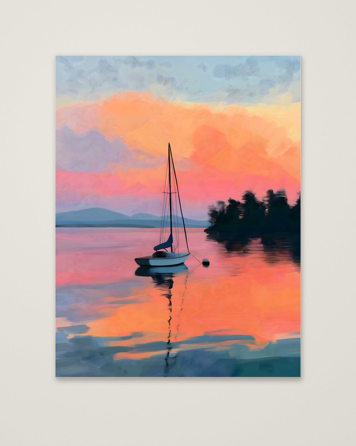 Sailboat Sunset Lake Art as an unframed matte paper print