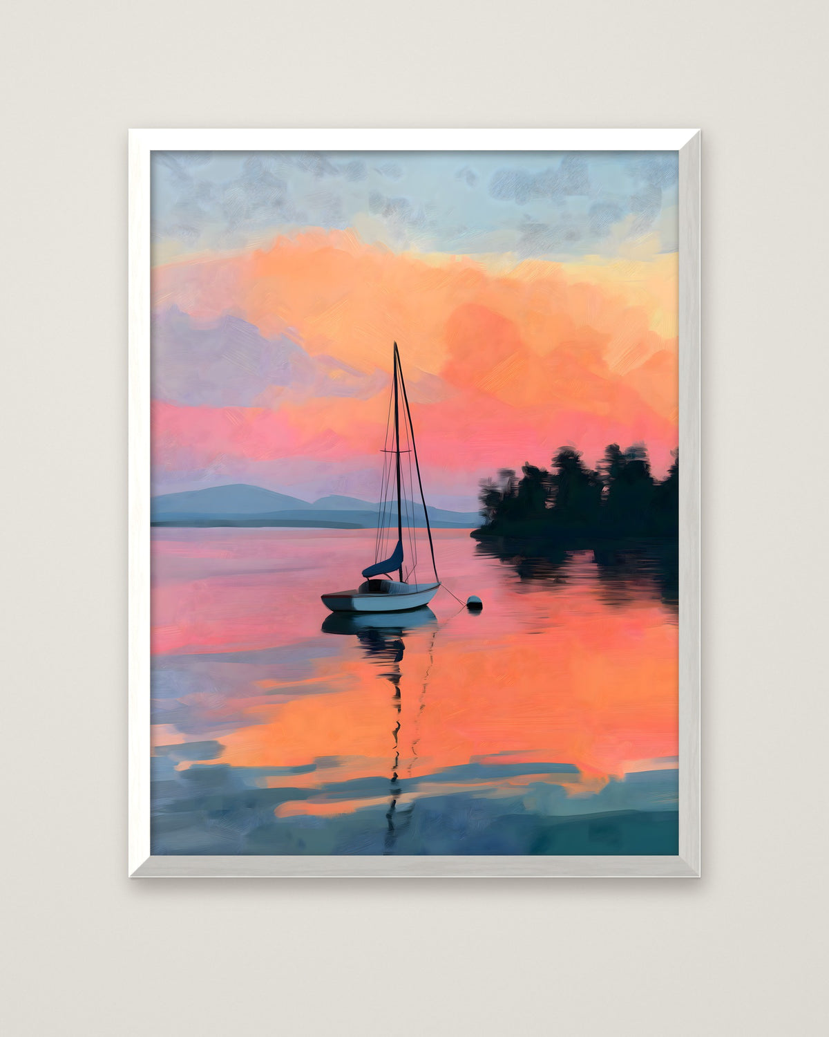 Sailboat Sunset Lake Art in a white frame