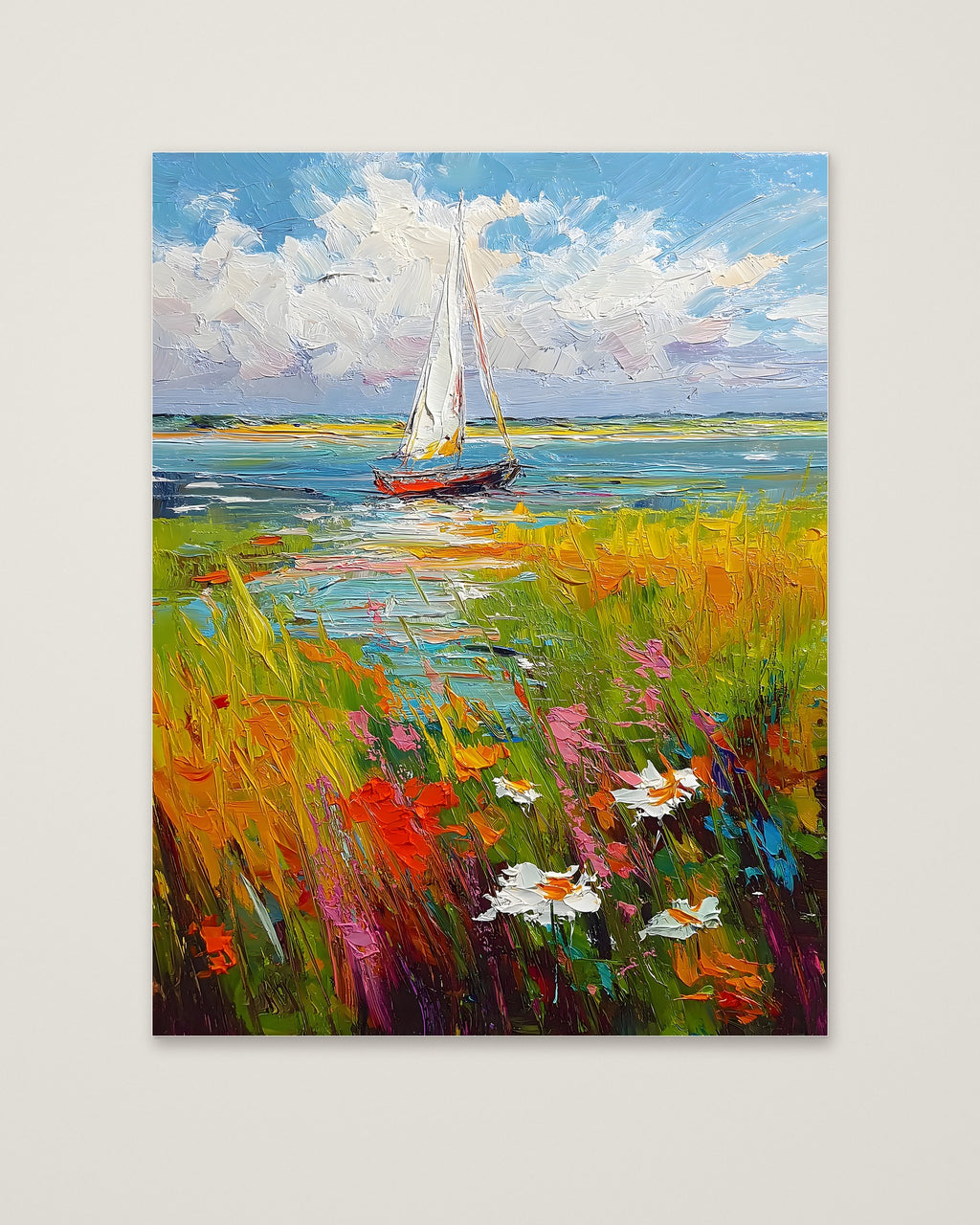 Sailboat Wildflower Meadow Painting as an unframed matte paper print