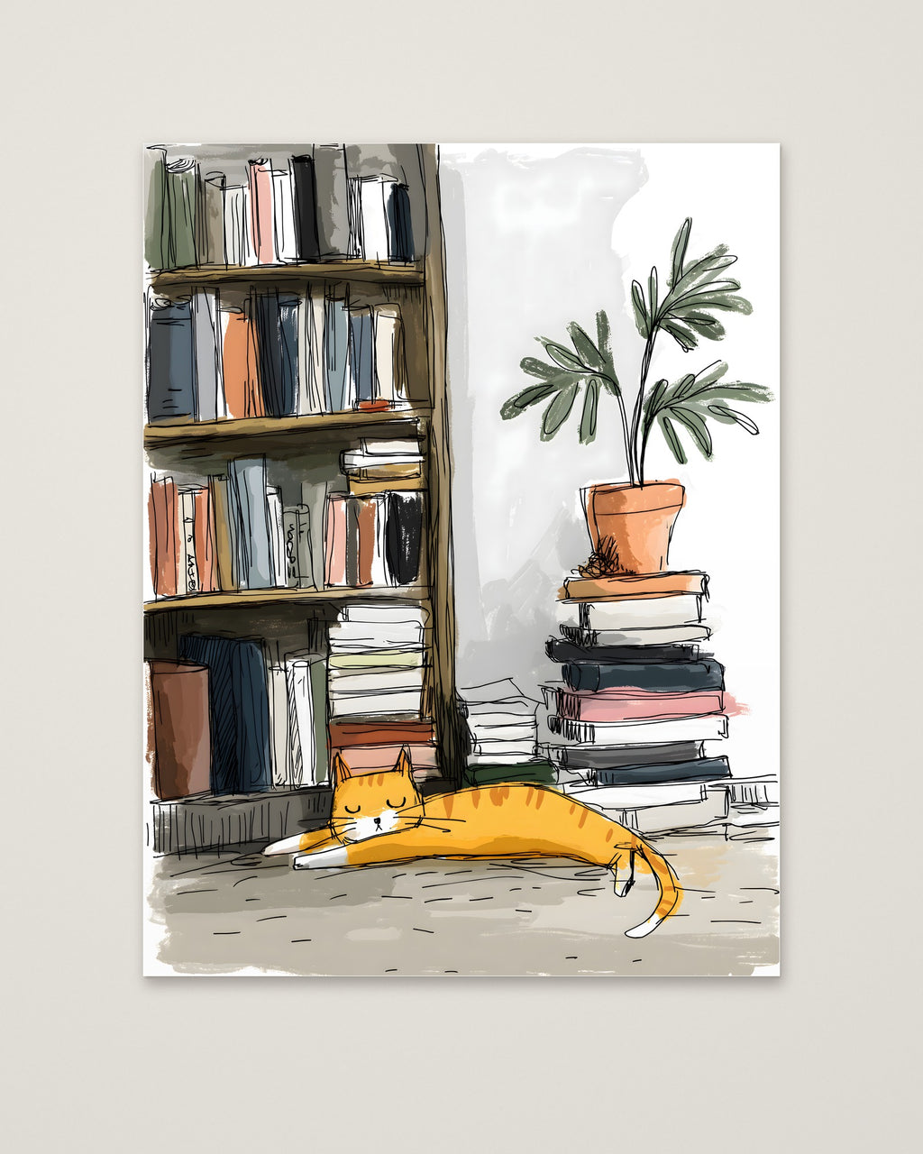 Sleeping Cat Bookshelf Art as an unframed matte paper print