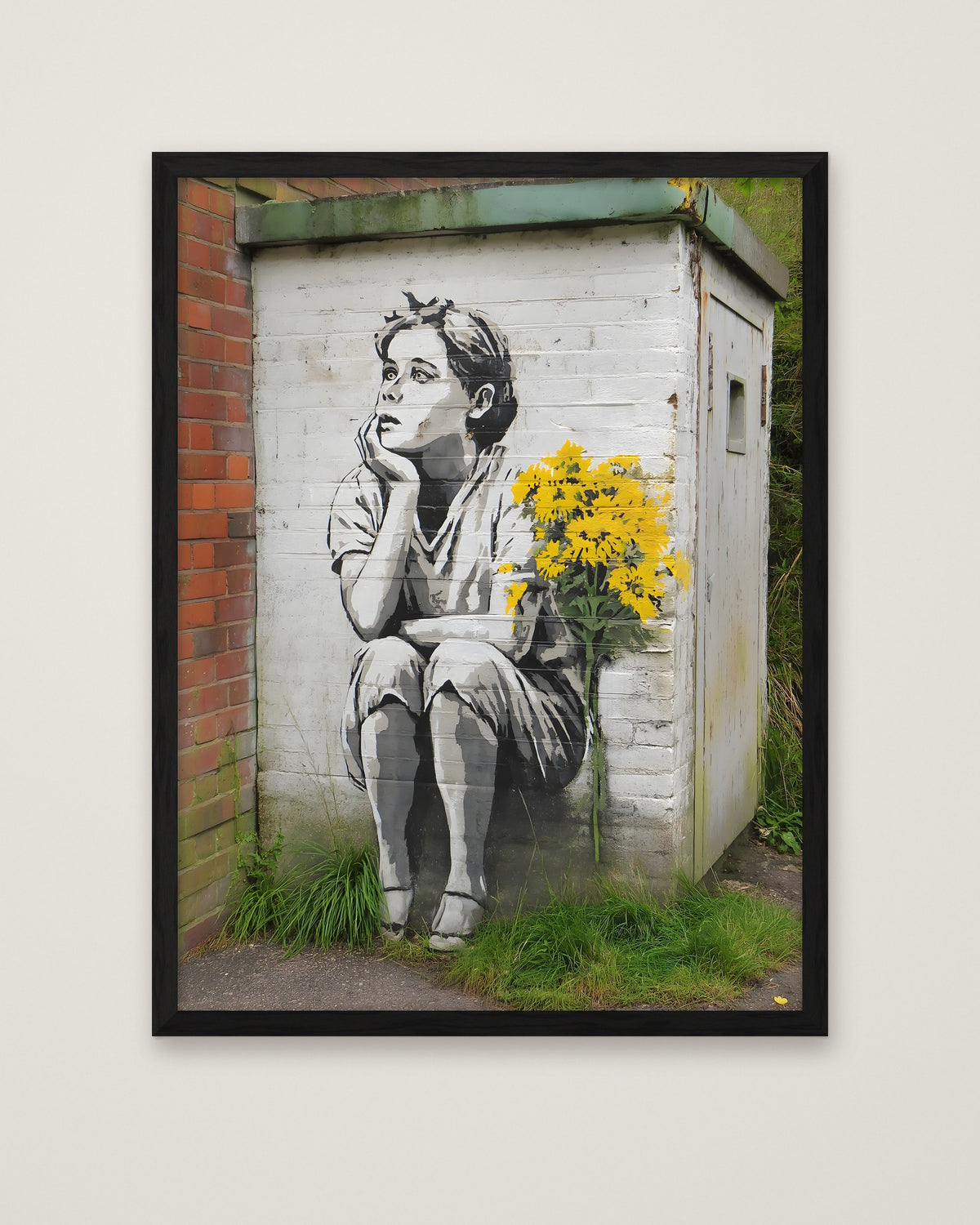 Street Art Dreaming Child Flowers in a black frame