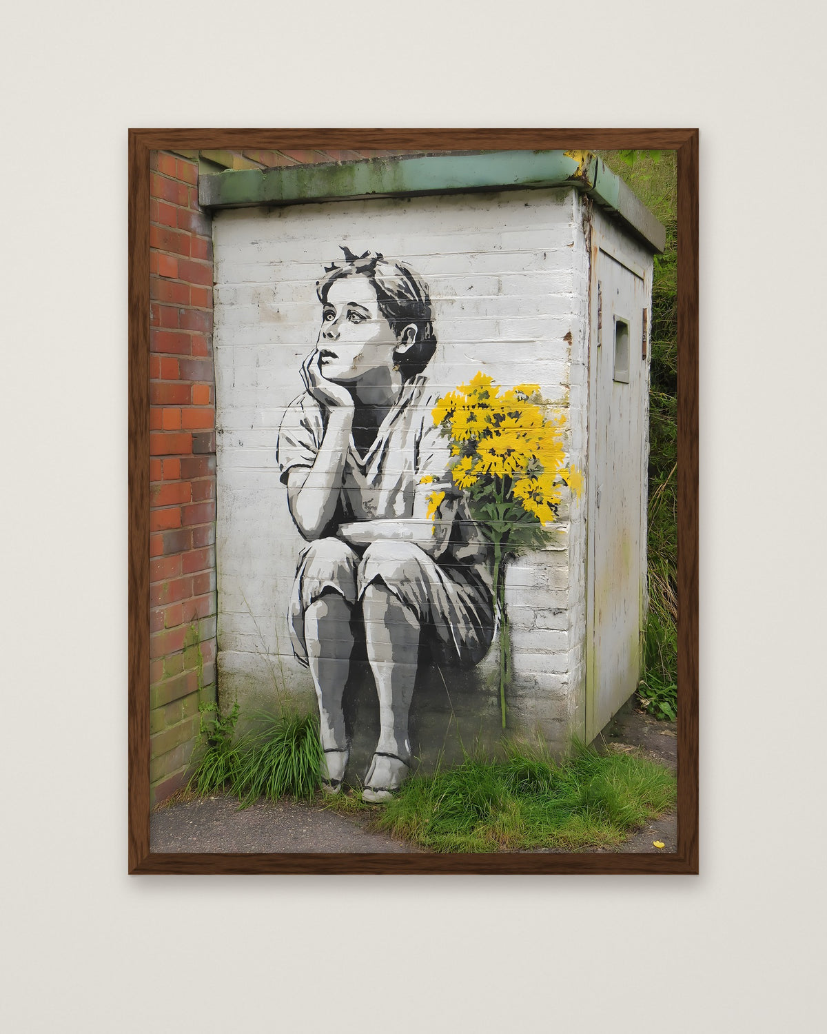 Street Art Dreaming Child Flowers in a dark wood frame