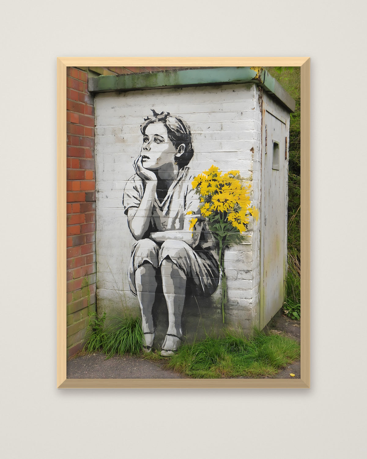 Street Art Dreaming Child Flowers in a natural wood frame