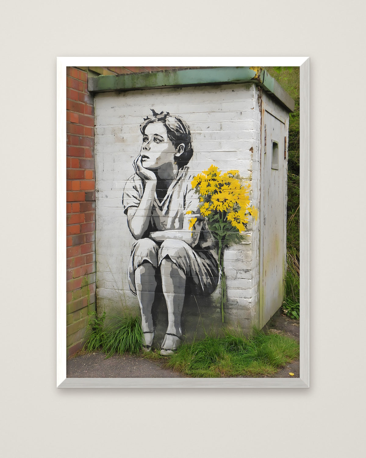 Street Art Dreaming Child Flowers in a white frame