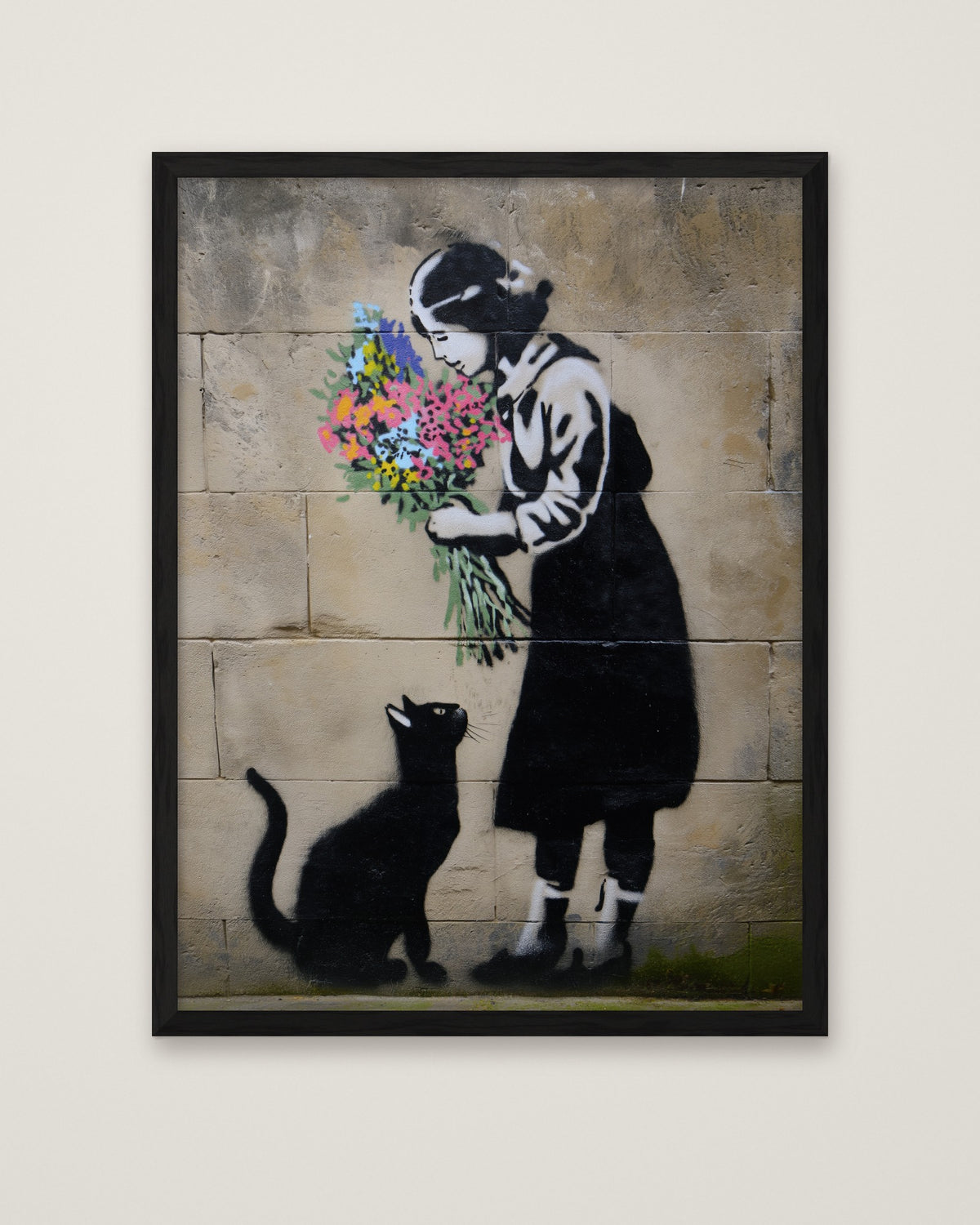 Street Art Girl Cat Flowers in a black frame