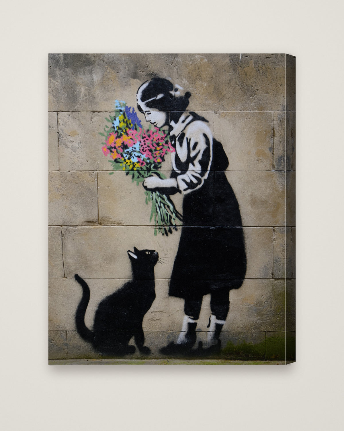 Street Art Girl Cat Flowers as a stretched canvas