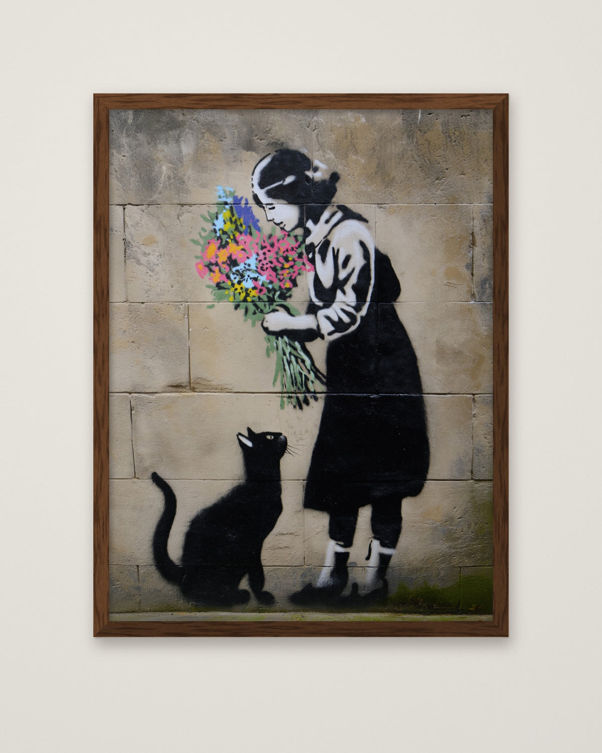 Street Art Girl Cat Flowers in a dark wood frame