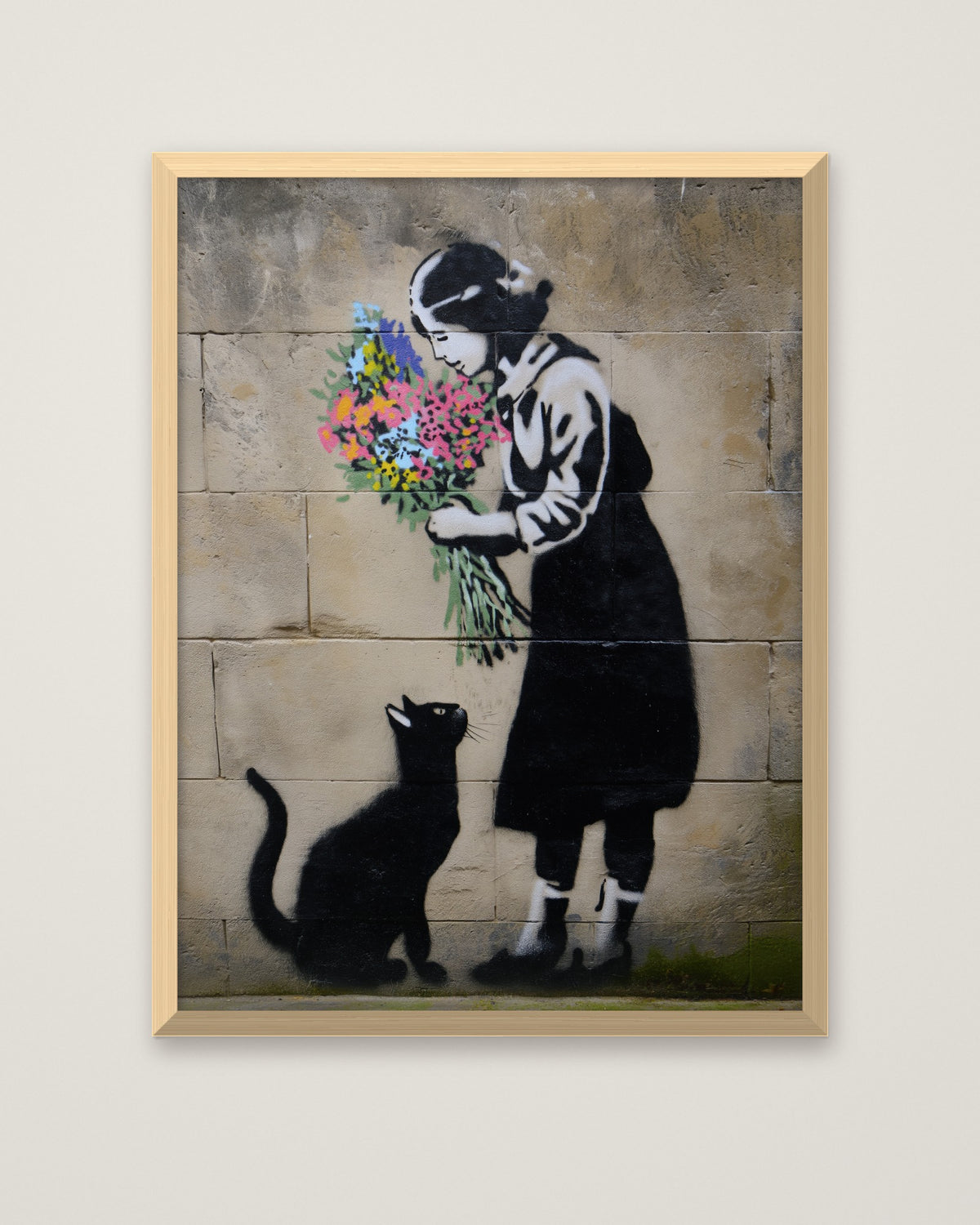 Street Art Girl Cat Flowers in a natural wood frame