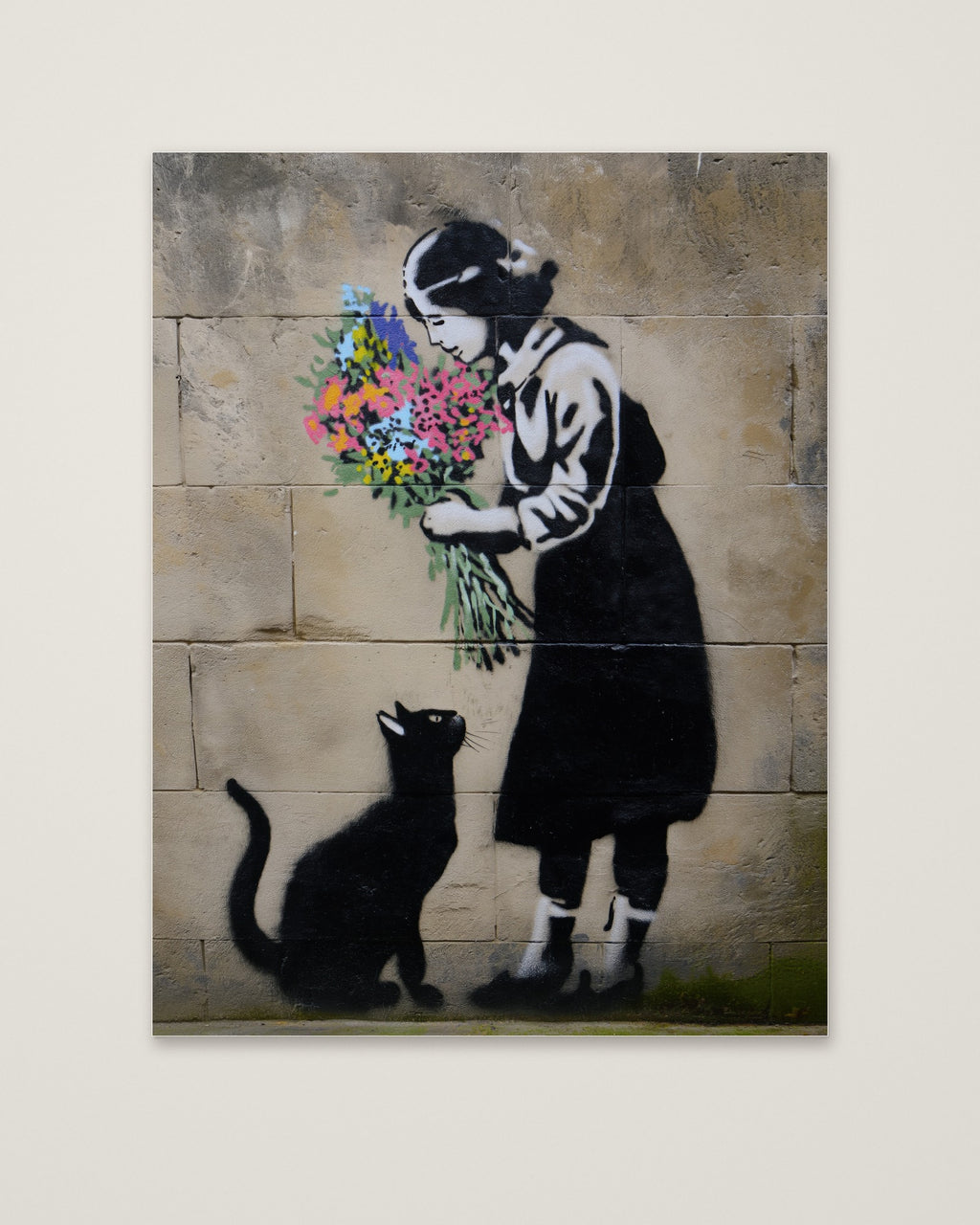 Street Art Girl Cat Flowers as an unframed matte paper print