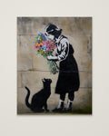 Street Art Girl Cat Flowers as an unframed matte paper print