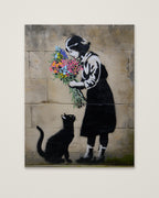Street Art Girl Cat Flowers as an unframed matte paper print