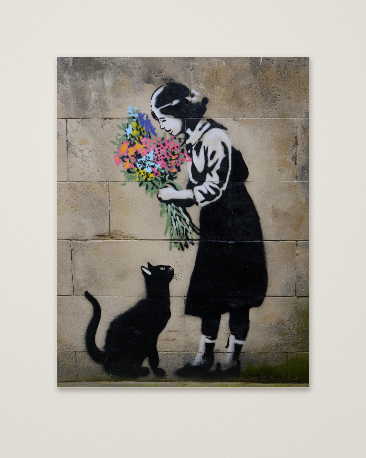 Street Art Girl Cat Flowers as an unframed matte paper print