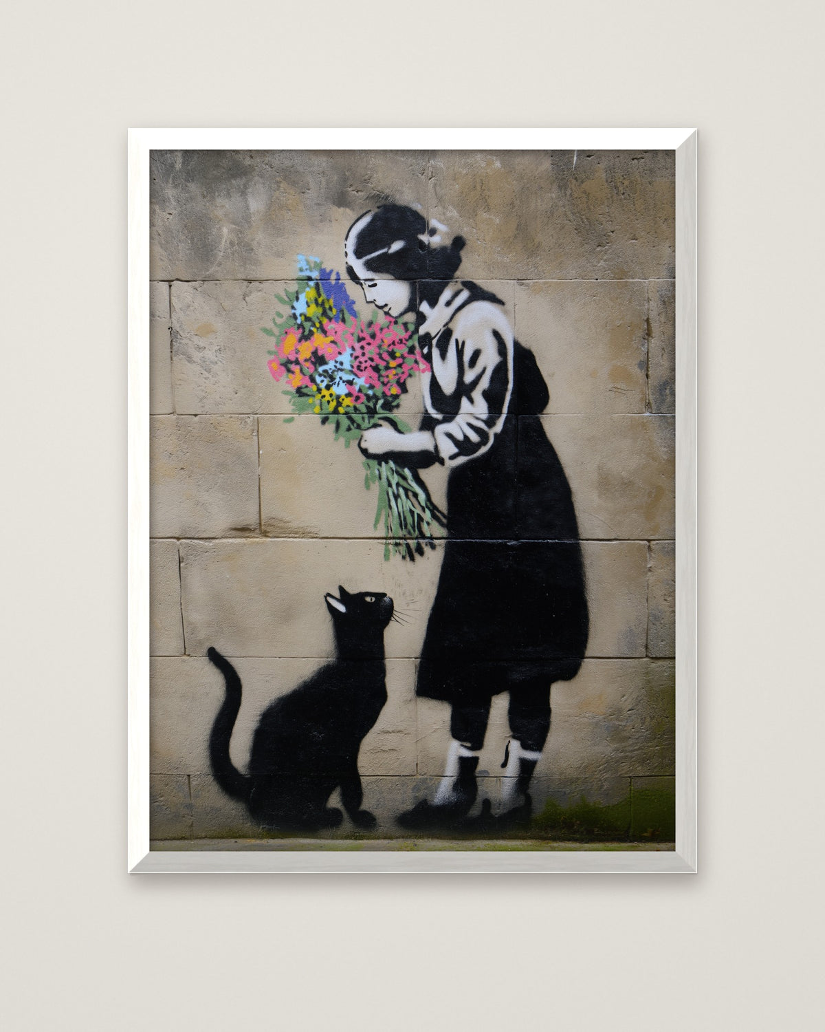 Street Art Girl Cat Flowers in a white frame