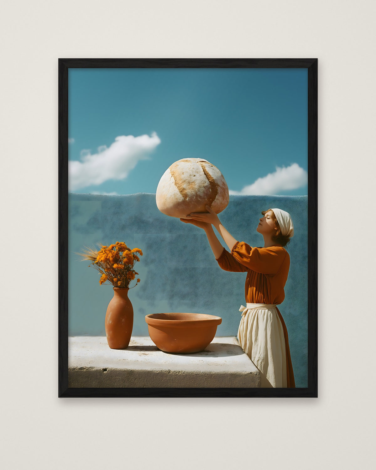 Surreal Mediterranean Bread Woman Art in a black frame