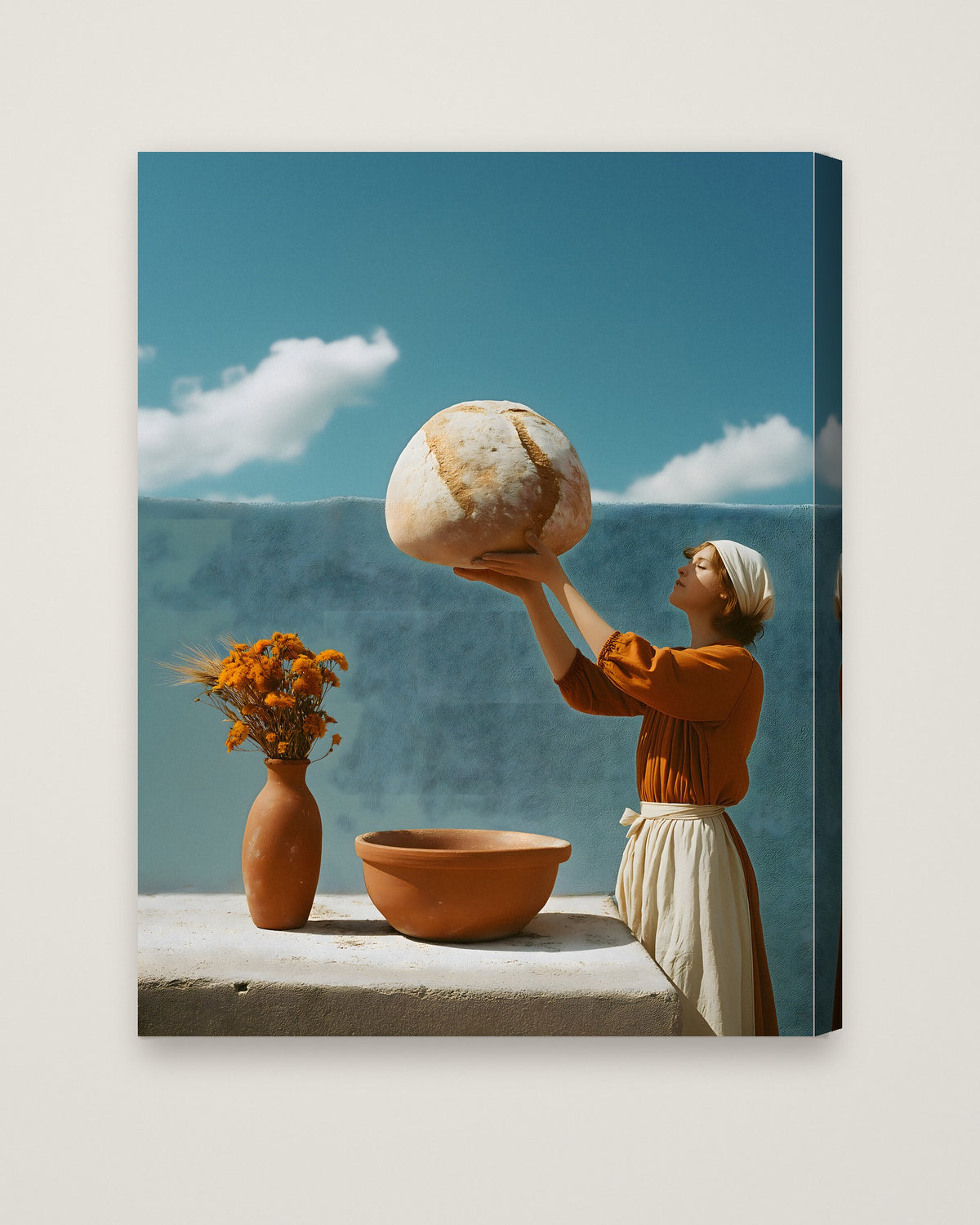 Surreal Mediterranean Bread Woman Art as a stretched canvas