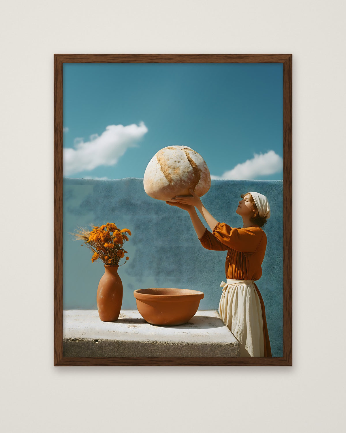 Surreal Mediterranean Bread Woman Art in a dark wood frame