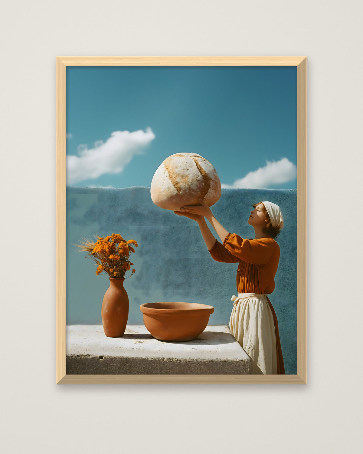 Surreal Mediterranean Bread Woman Art in a natural wood frame