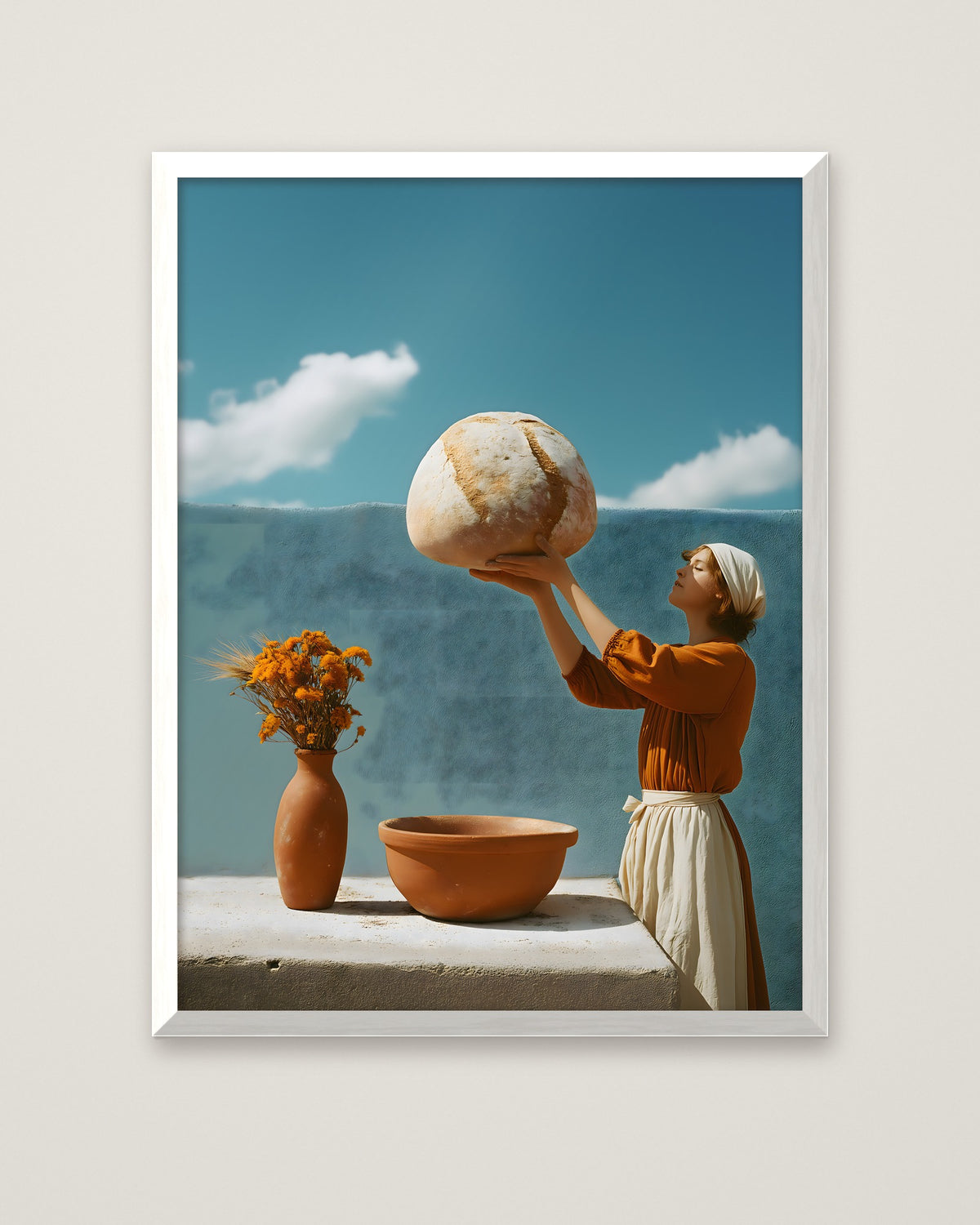 Surreal Mediterranean Bread Woman Art in a white frame
