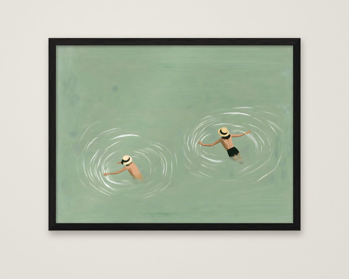 Swimmers Sage Green Wall Art in a black frame