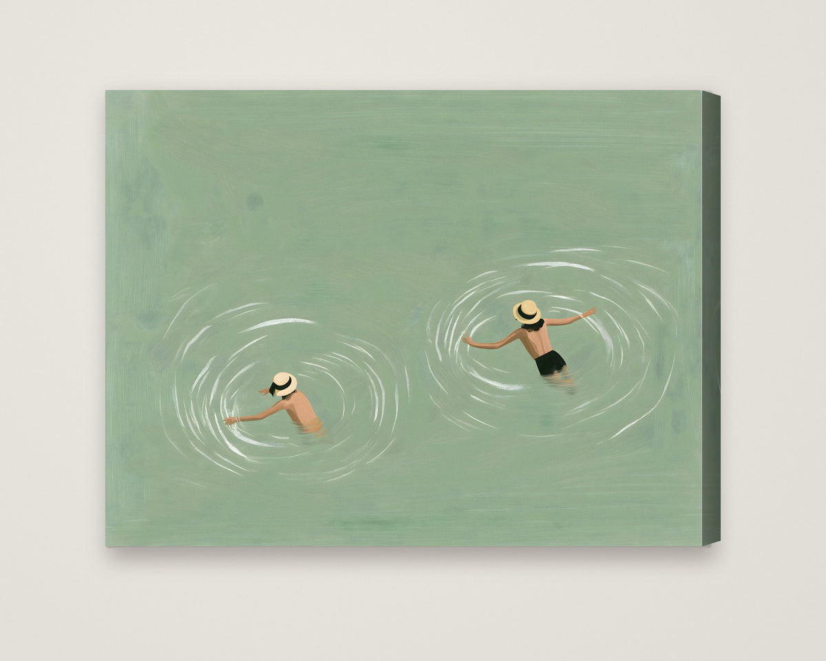 Swimmers Sage Green Wall Art as a stretched canvas