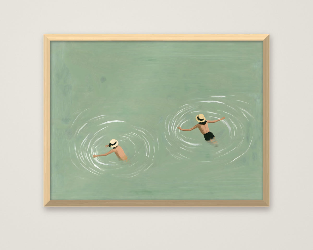 Swimmers Sage Green Wall Art in a natural wood frame
