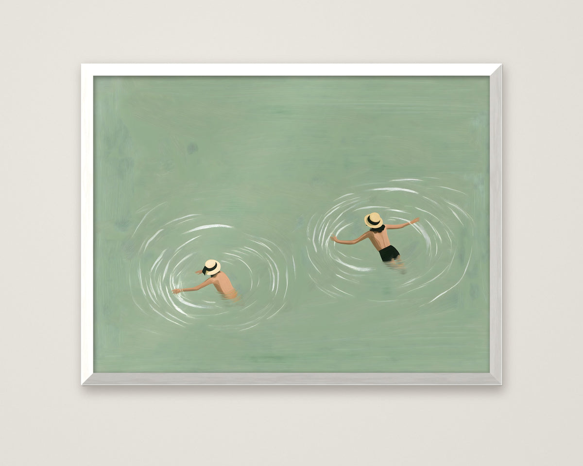 Swimmers Sage Green Wall Art in a white frame