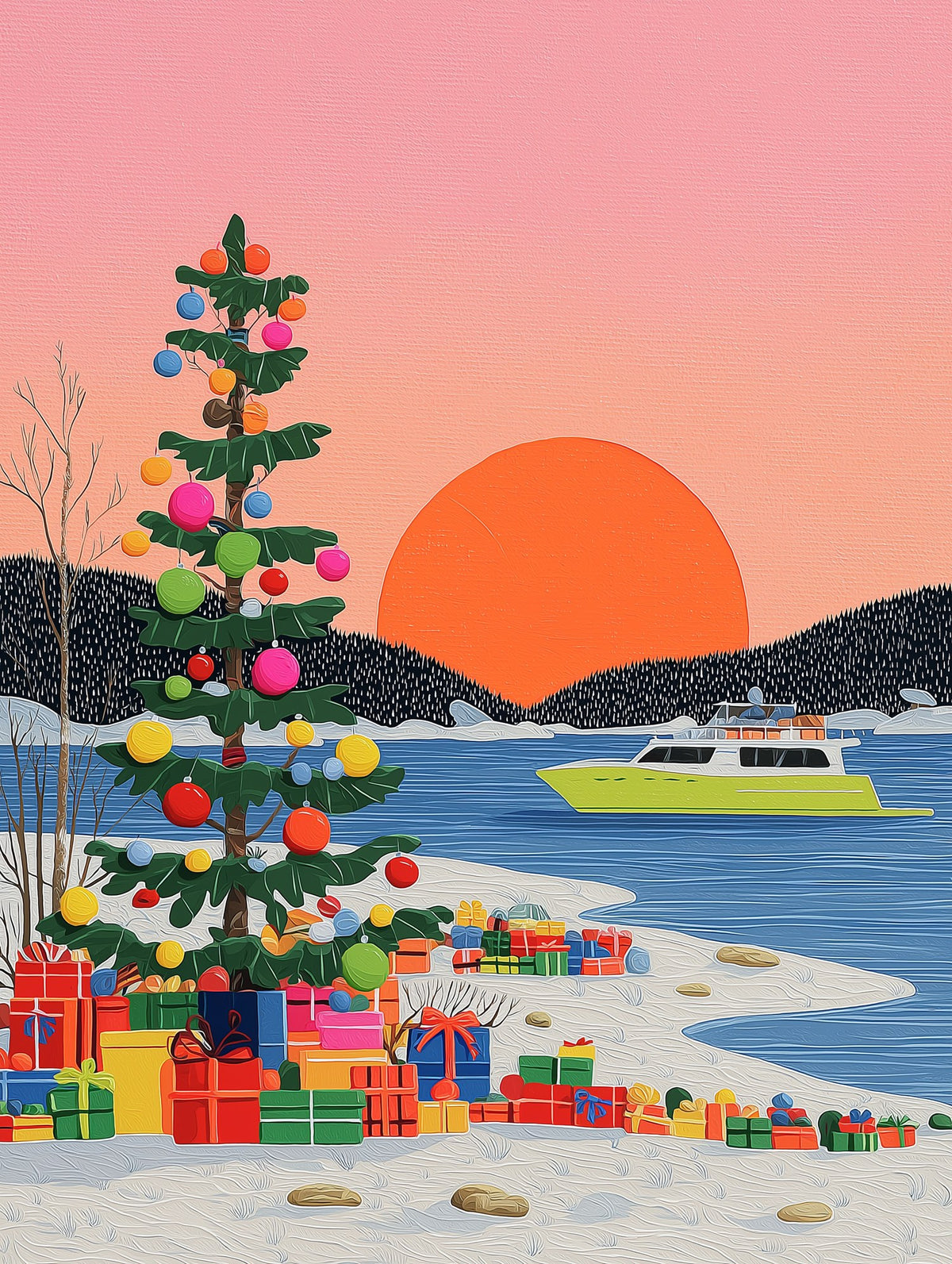 Festive Winter Sunset Folk Art art print