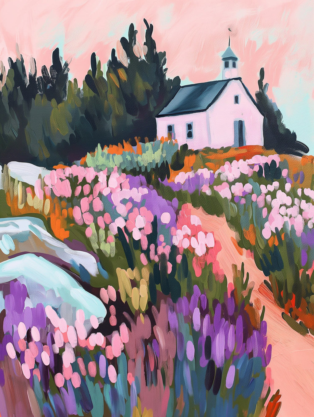 Meadow Chapel Sunset Painting art print