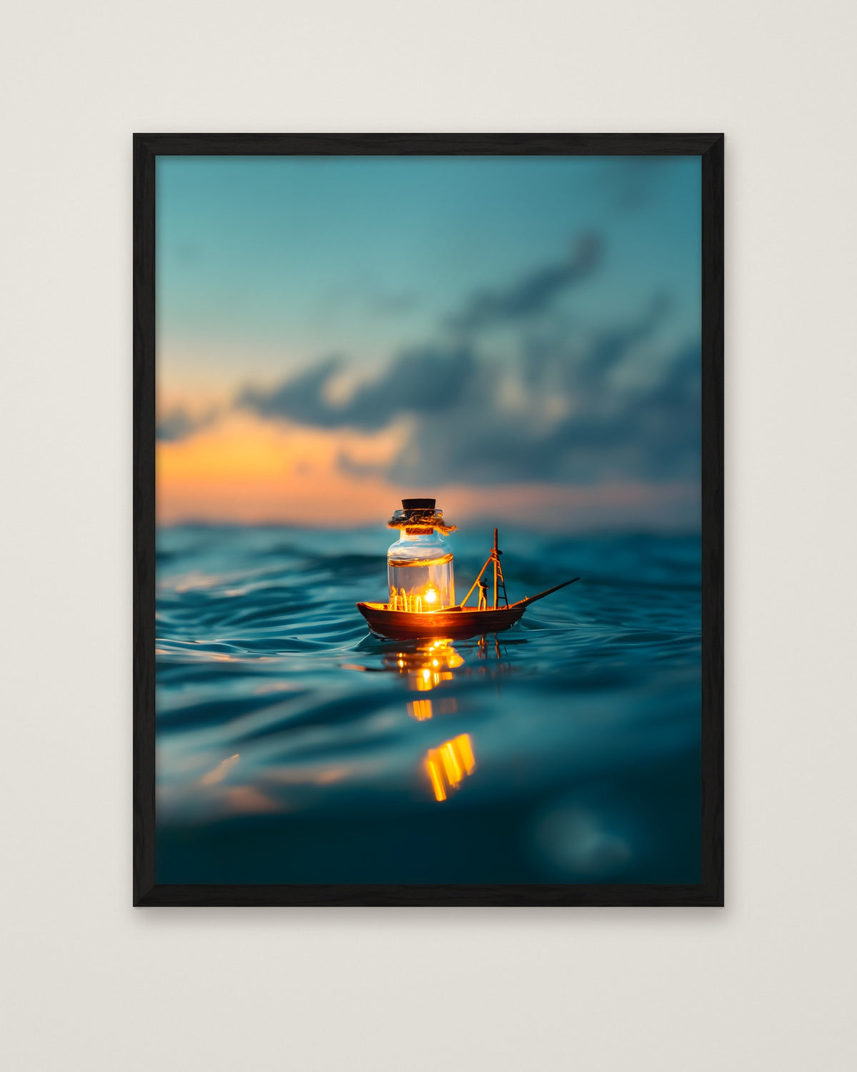 Tiny Glowing Boat Ocean Art in a black frame