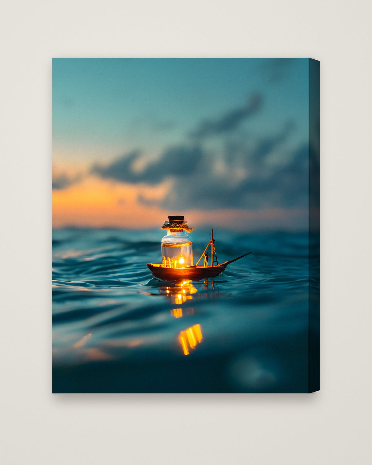 Tiny Glowing Boat Ocean Art as a stretched canvas