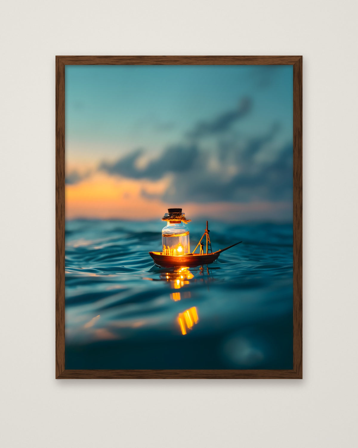 Tiny Glowing Boat Ocean Art in a dark wood frame