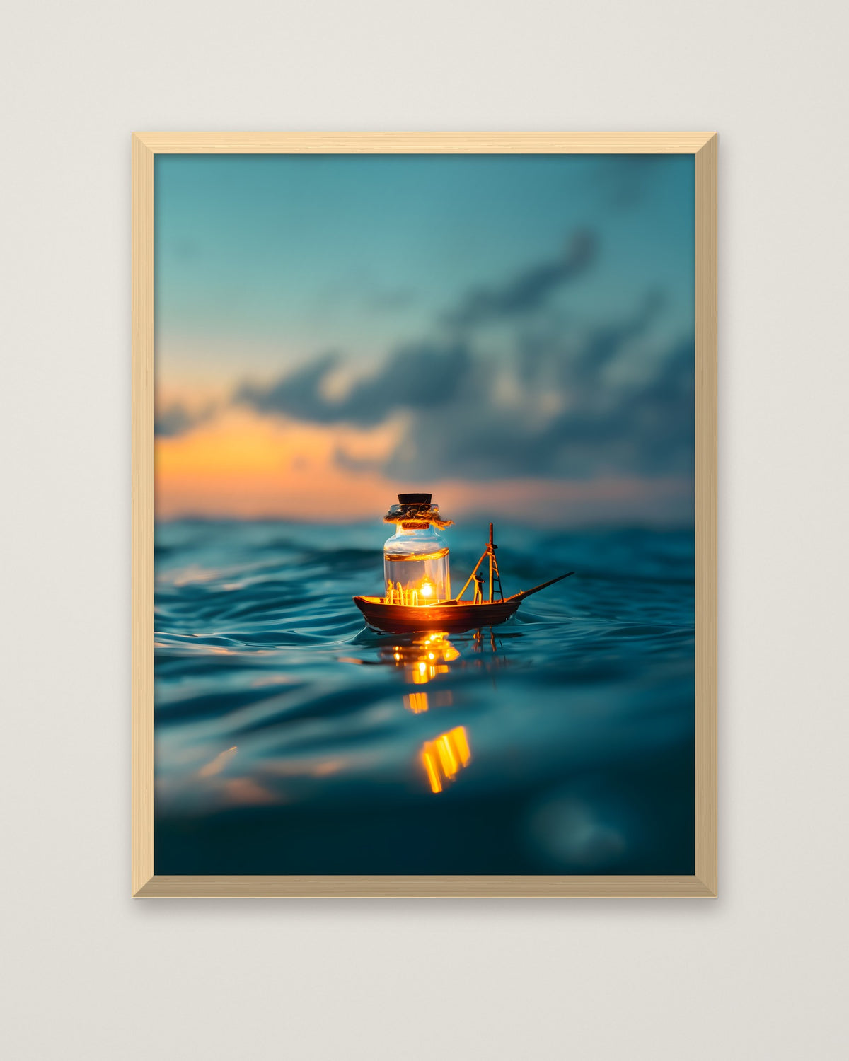 Tiny Glowing Boat Ocean Art in a natural wood frame